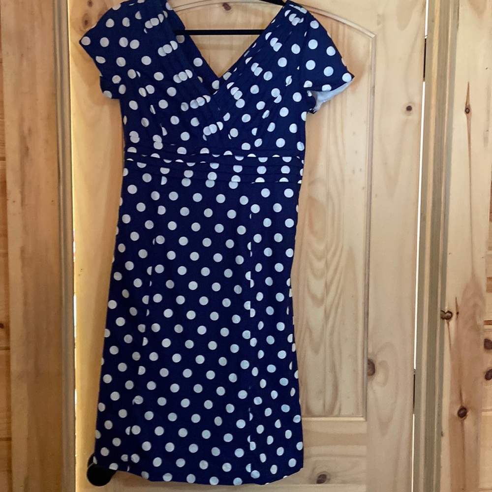 Boden Blue and White Polka Dot Dress perfect for the 4th of July!